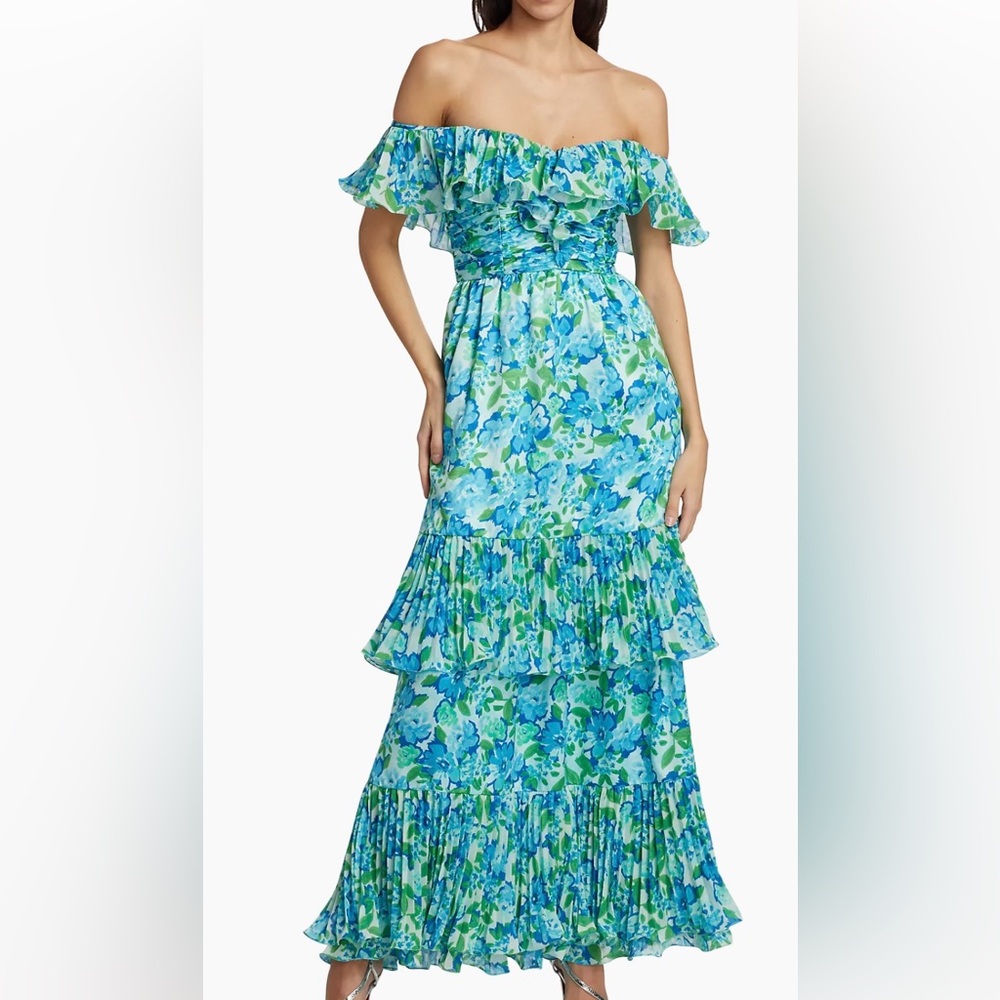 AMUR Blue and Green Off-Shoulder Floral Tiered Maxi Dress